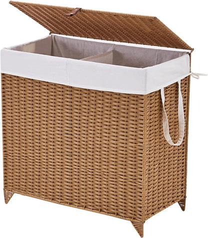 Heightened Feet Laundry Hamper with Lid, 2-Section Water Hyacinth Basket