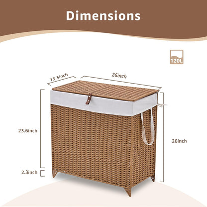 Heightened Feet Laundry Hamper with Lid, 2-Section Water Hyacinth Basket