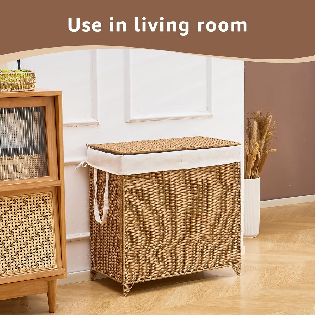 Heightened Feet Laundry Hamper with Lid, 2-Section Water Hyacinth Basket