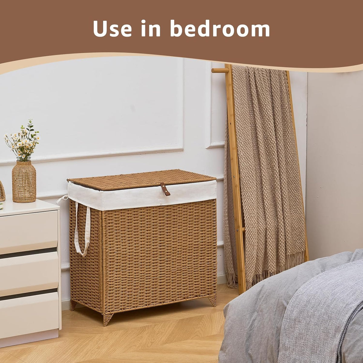 Heightened Feet Laundry Hamper with Lid, 2-Section Water Hyacinth Basket
