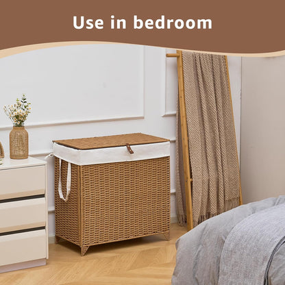 Heightened Feet Laundry Hamper with Lid, 2-Section Water Hyacinth Basket