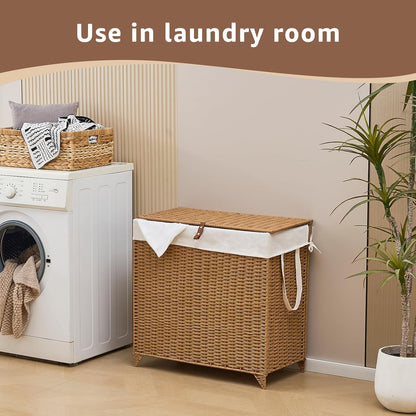 Heightened Feet Laundry Hamper with Lid, 2-Section Water Hyacinth Basket
