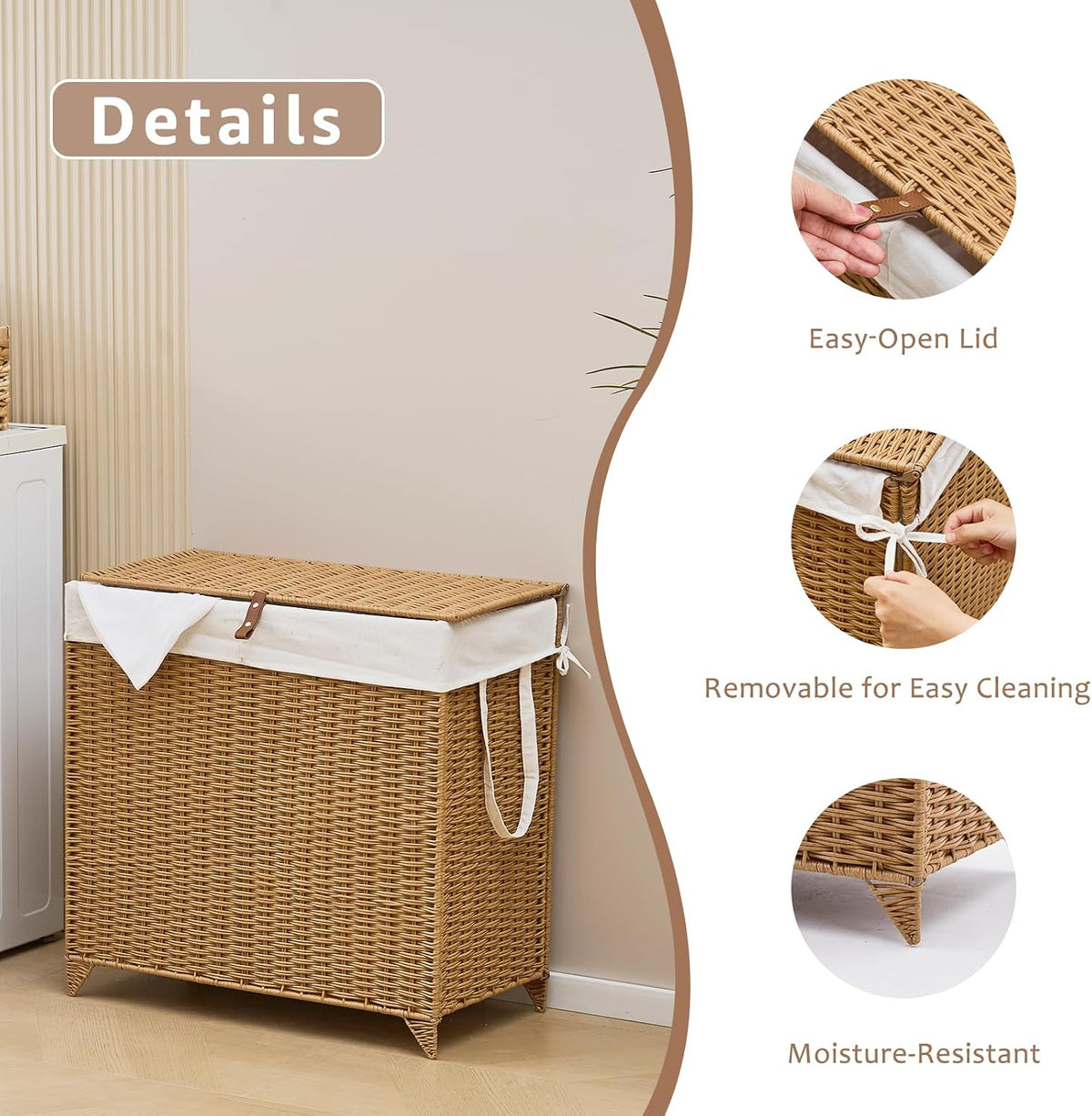 Heightened Feet Laundry Hamper with Lid, 2-Section Water Hyacinth Basket