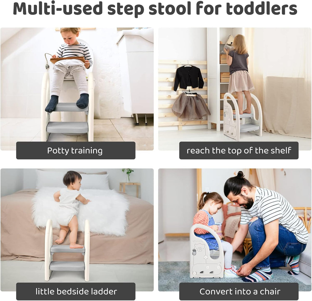 Toddler Step Stool for Bathroom Sink, Adjustable 2 Step Stop for Kids with Handles, Toilet Stool Potty Training, Plastic Ladder Toddler Helper Stool for Bedroom Kitchen Counter Grey White