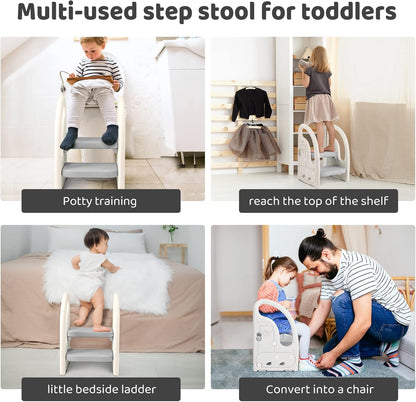 Toddler Step Stool for Bathroom Sink, Adjustable 2 Step Stop for Kids with Handles, Toilet Stool Potty Training, Plastic Ladder Toddler Helper Stool for Bedroom Kitchen Counter Grey White