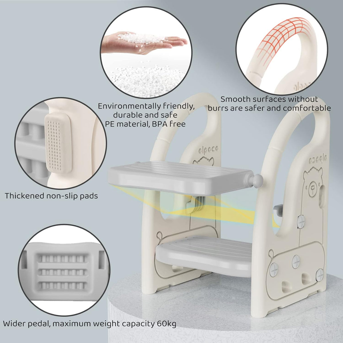 Toddler Step Stool for Bathroom Sink, Adjustable 2 Step Stop for Kids with Handles, Toilet Stool Potty Training, Plastic Ladder Toddler Helper Stool for Bedroom Kitchen Counter Grey White