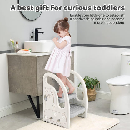 Toddler Step Stool for Bathroom Sink, Adjustable 2 Step Stop for Kids with Handles, Toilet Stool Potty Training, Plastic Ladder Toddler Helper Stool for Bedroom Kitchen Counter Grey White
