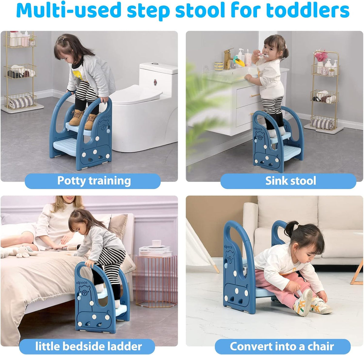 Toddler Step Stool for Bathroom Sink, Adjustable 2 Step Stop for Kids with Handles, Toilet Stool Potty Training, Plastic Ladder Toddler Helper Stool for Bedroom Kitchen Counter Grey White