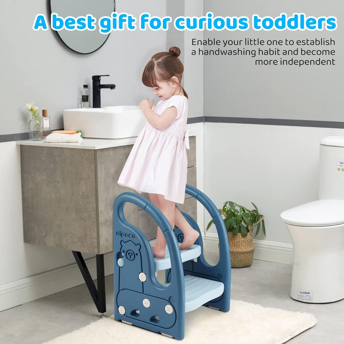 Toddler Step Stool for Bathroom Sink, Adjustable 2 Step Stop for Kids with Handles, Toilet Stool Potty Training, Plastic Ladder Toddler Helper Stool for Bedroom Kitchen Counter Grey White