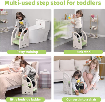 Toddler Step Stool for Bathroom Sink, Adjustable 2 Step Stop for Kids with Handles, Toilet Stool Potty Training, Plastic Ladder Toddler Helper Stool for Bedroom Kitchen Counter Grey White