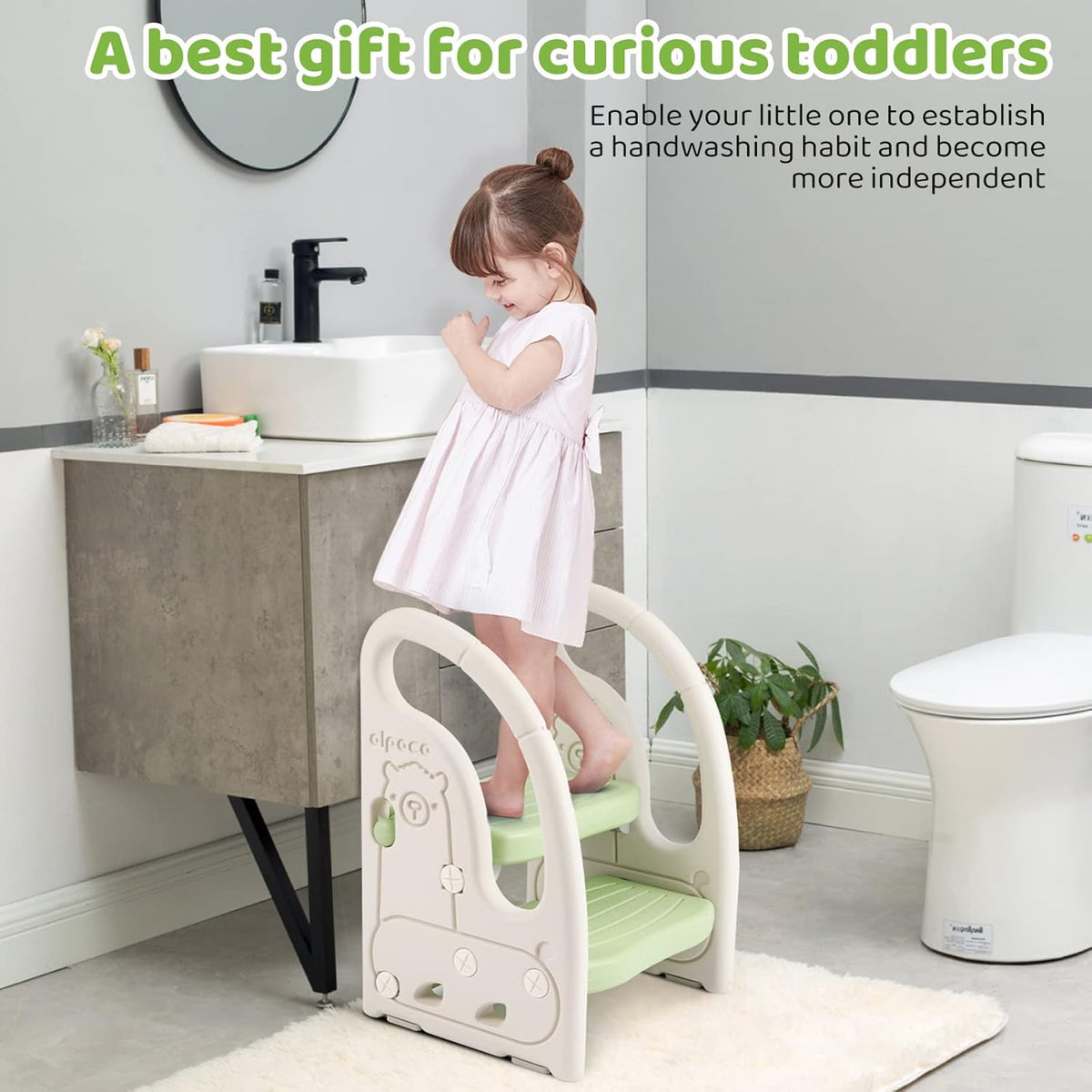 Toddler Step Stool for Bathroom Sink, Adjustable 2 Step Stop for Kids with Handles, Toilet Stool Potty Training, Plastic Ladder Toddler Helper Stool for Bedroom Kitchen Counter Grey White