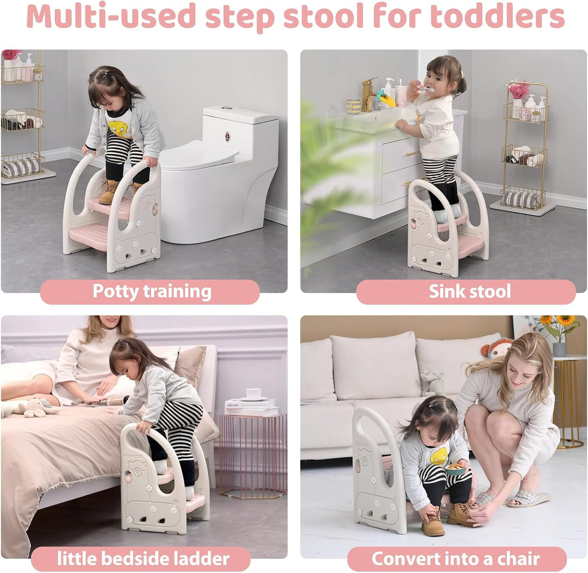 Toddler Step Stool for Bathroom Sink, Adjustable 2 Step Stop for Kids with Handles, Toilet Stool Potty Training, Plastic Ladder Toddler Helper Stool for Bedroom Kitchen Counter Grey White