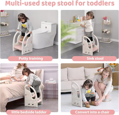 Toddler Step Stool for Bathroom Sink, Adjustable 2 Step Stop for Kids with Handles, Toilet Stool Potty Training, Plastic Ladder Toddler Helper Stool for Bedroom Kitchen Counter Grey White