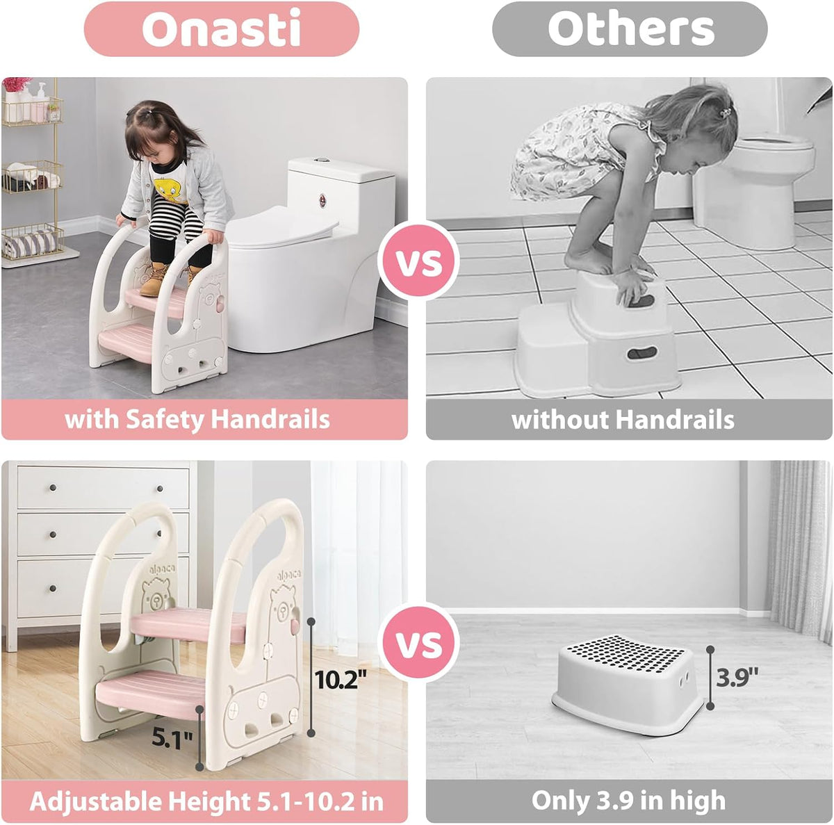 Toddler Step Stool for Bathroom Sink, Adjustable 2 Step Stop for Kids with Handles, Toilet Stool Potty Training, Plastic Ladder Toddler Helper Stool for Bedroom Kitchen Counter Grey White