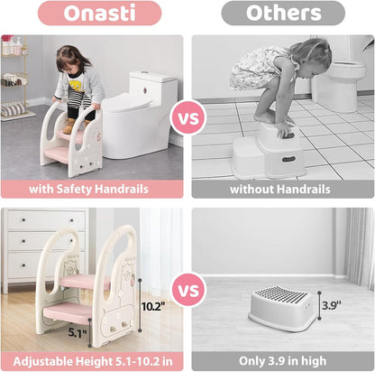Toddler Step Stool for Bathroom Sink, Adjustable 2 Step Stop for Kids with Handles, Toilet Stool Potty Training, Plastic Ladder Toddler Helper Stool for Bedroom Kitchen Counter Grey White