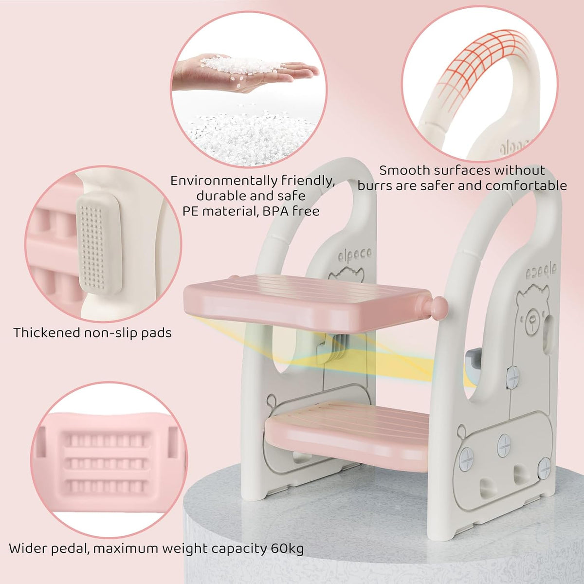 Toddler Step Stool for Bathroom Sink, Adjustable 2 Step Stop for Kids with Handles, Toilet Stool Potty Training, Plastic Ladder Toddler Helper Stool for Bedroom Kitchen Counter Grey White