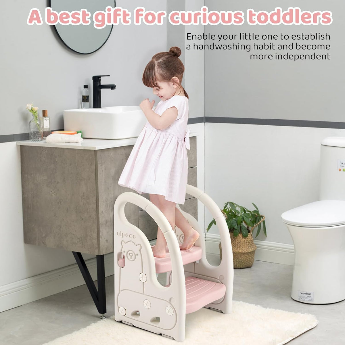 Toddler Step Stool for Bathroom Sink, Adjustable 2 Step Stop for Kids with Handles, Toilet Stool Potty Training, Plastic Ladder Toddler Helper Stool for Bedroom Kitchen Counter Grey White
