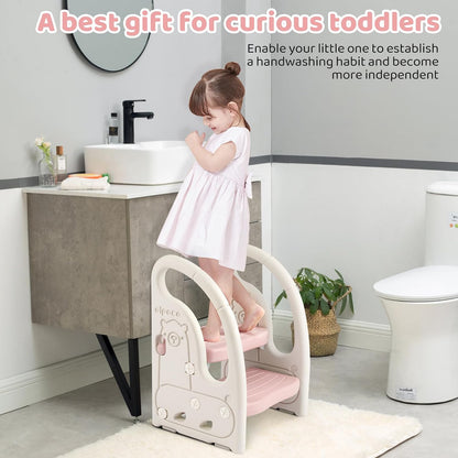 Toddler Step Stool for Bathroom Sink, Adjustable 2 Step Stop for Kids with Handles, Toilet Stool Potty Training, Plastic Ladder Toddler Helper Stool for Bedroom Kitchen Counter Grey White