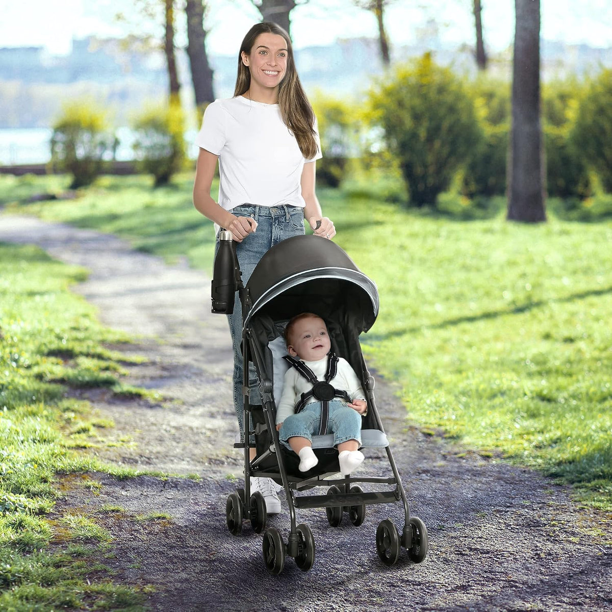 Jeep AdventureGlyde Stroller - Lightweight Travel Stroller with Smoothest Ride & Compact Fold, 3-Position Recline, Extra Large Storage Basket, Black/Grey