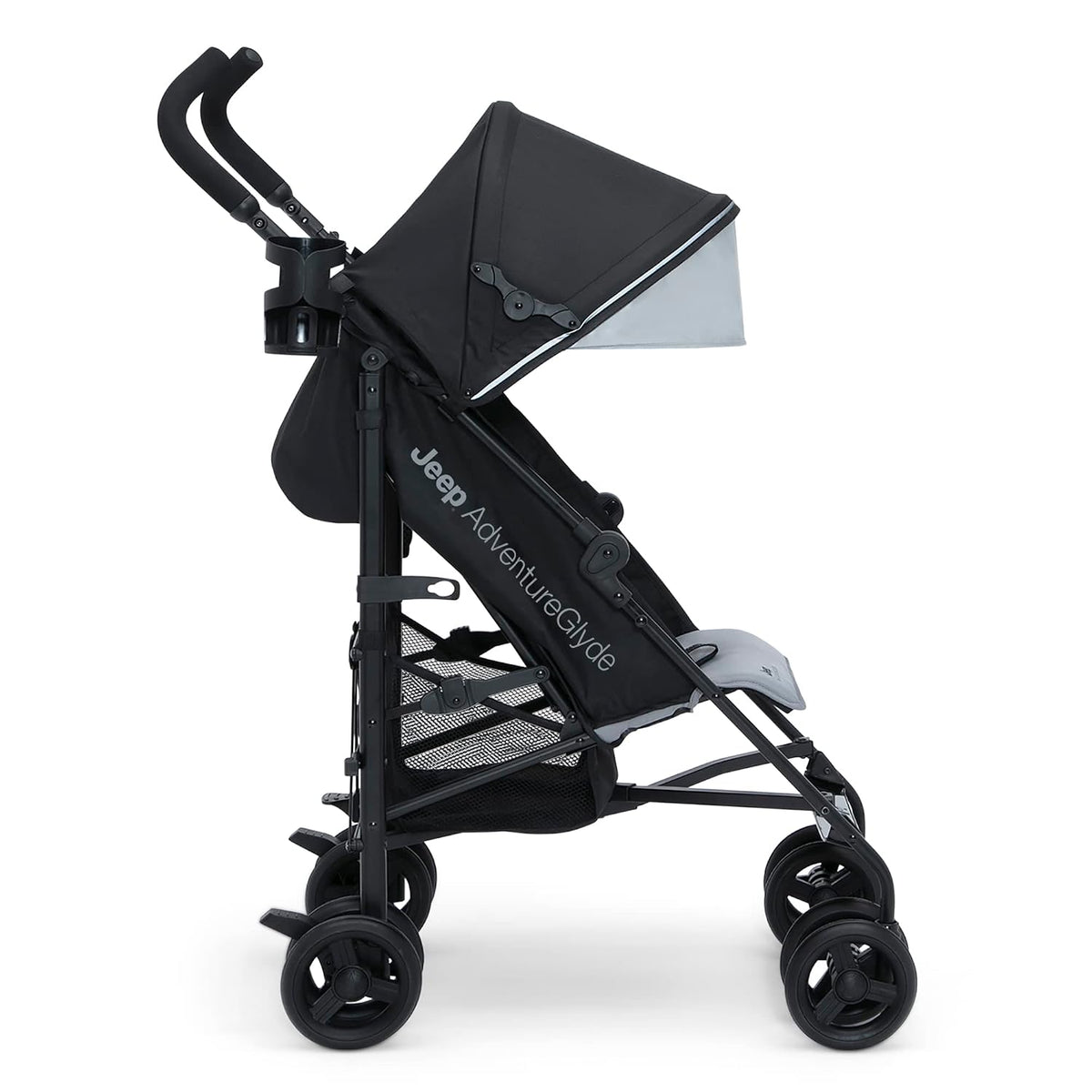 Jeep AdventureGlyde Stroller - Lightweight Travel Stroller with Smoothest Ride & Compact Fold, 3-Position Recline, Extra Large Storage Basket, Black/Grey