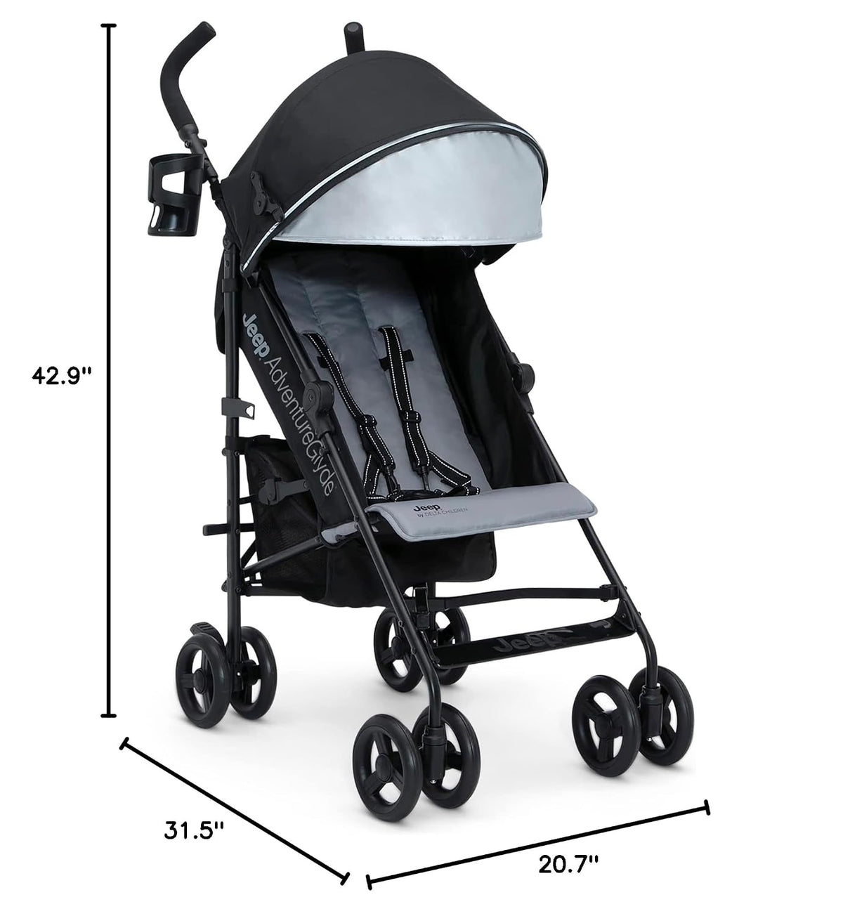 Jeep AdventureGlyde Stroller - Lightweight Travel Stroller with Smoothest Ride & Compact Fold, 3-Position Recline, Extra Large Storage Basket, Black/Grey