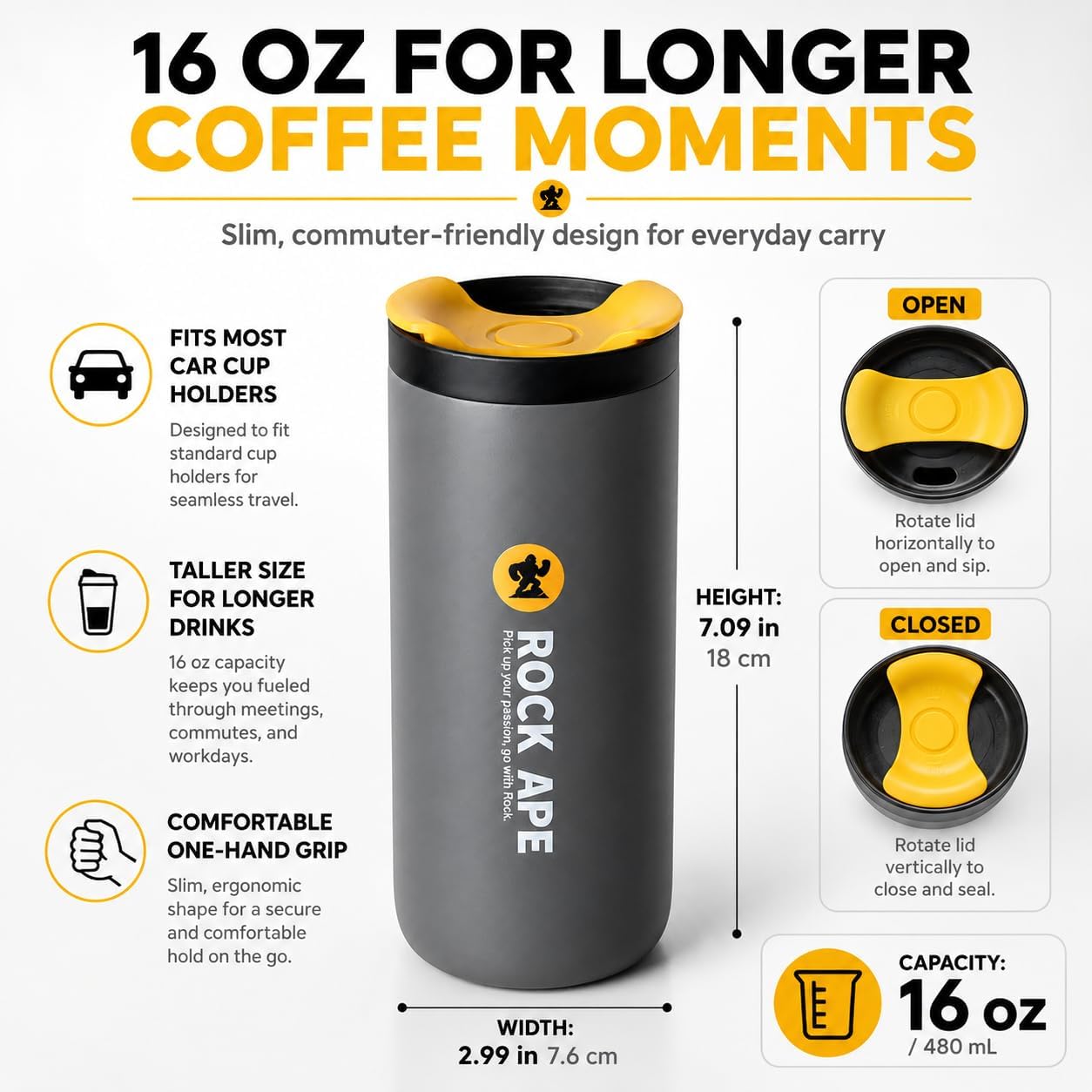 16 oz Travel Coffee Mug, 316 Stainless Steel Vacuum Insulated Tumbler with Leakproof One-Hand Lid, Fits Most Car Cup Holders, Reusable Commuter Cup for Hot and Cold Drinks, Gray