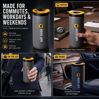 16 oz Travel Coffee Mug, 316 Stainless Steel Vacuum Insulated Tumbler with Leakproof One-Hand Lid, Fits Most Car Cup Holders, Reusable Commuter Cup for Hot and Cold Drinks, Gray