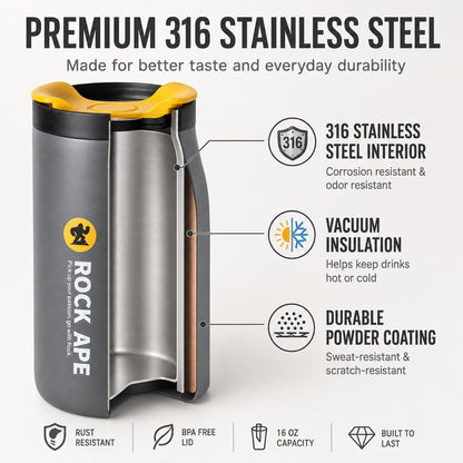 16 oz Travel Coffee Mug, 316 Stainless Steel Vacuum Insulated Tumbler with Leakproof One-Hand Lid, Fits Most Car Cup Holders, Reusable Commuter Cup for Hot and Cold Drinks, Gray