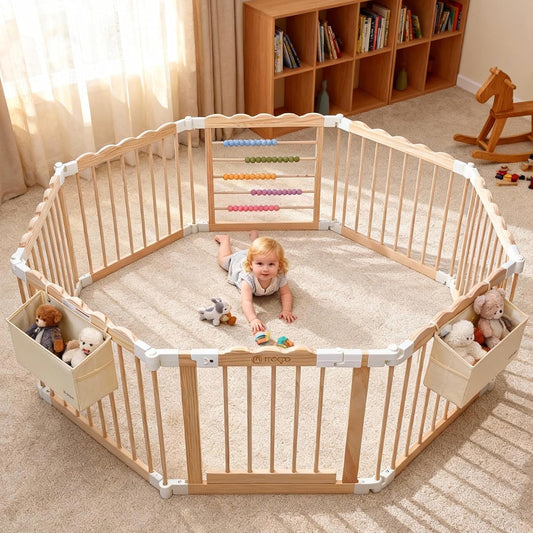 Foldable Wooden Baby Playpen, Adjustable Play Yard, 57x57x25in