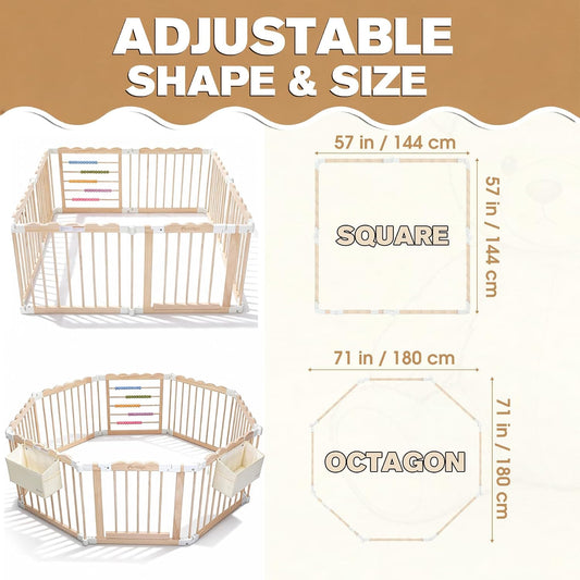 Foldable Wooden Baby Playpen, Adjustable Play Yard, 57x57x25in