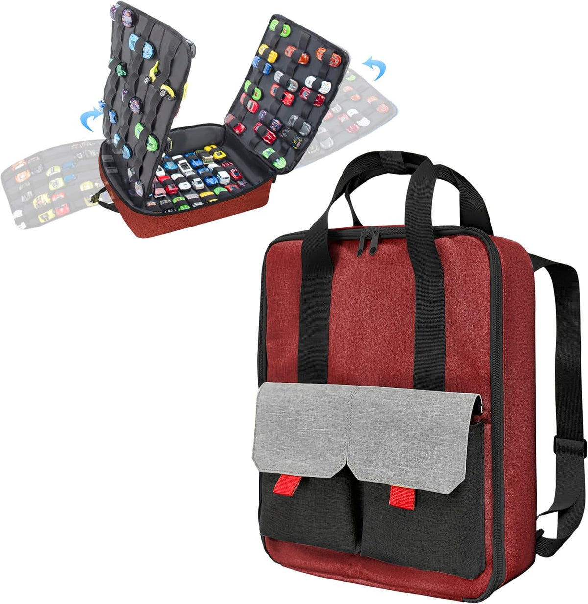 Toy Car Storage Backpack, Diecast Organizer 108 Slots (Red)