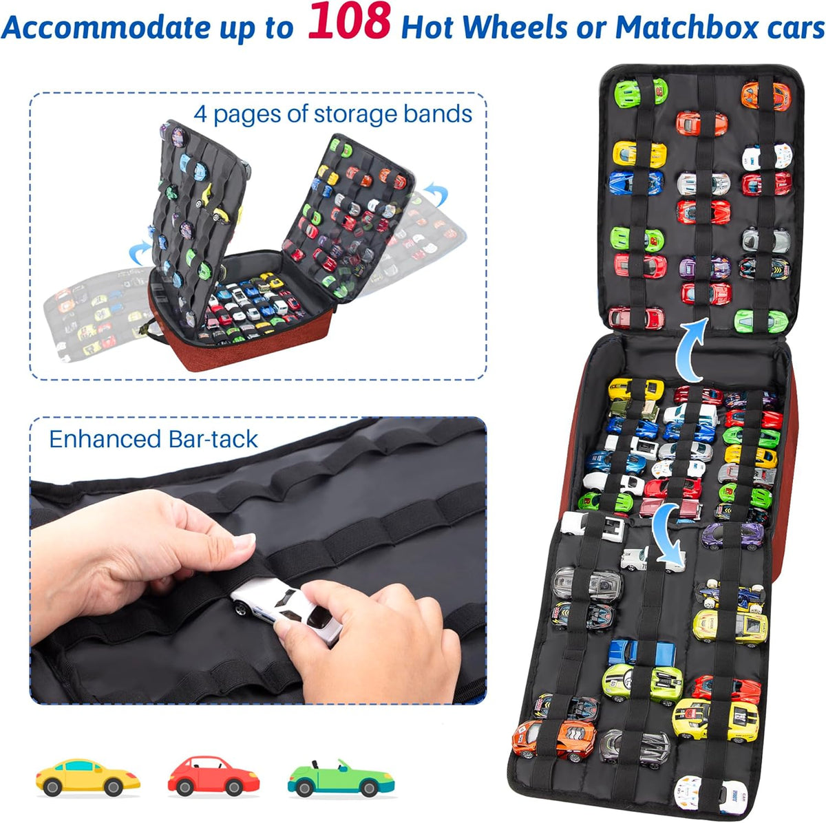 Toy Car Storage Backpack, Diecast Organizer 108 Slots (Red)