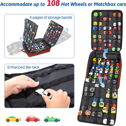 Toy Car Storage Backpack, Diecast Organizer 108 Slots (Red)