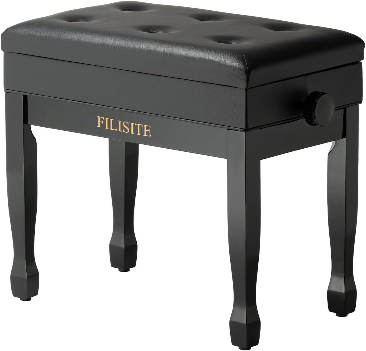 Adjustable Height Piano Bench Stool PU Leather Cushion Wooden Keyboard Seat with Music Storage (Black)