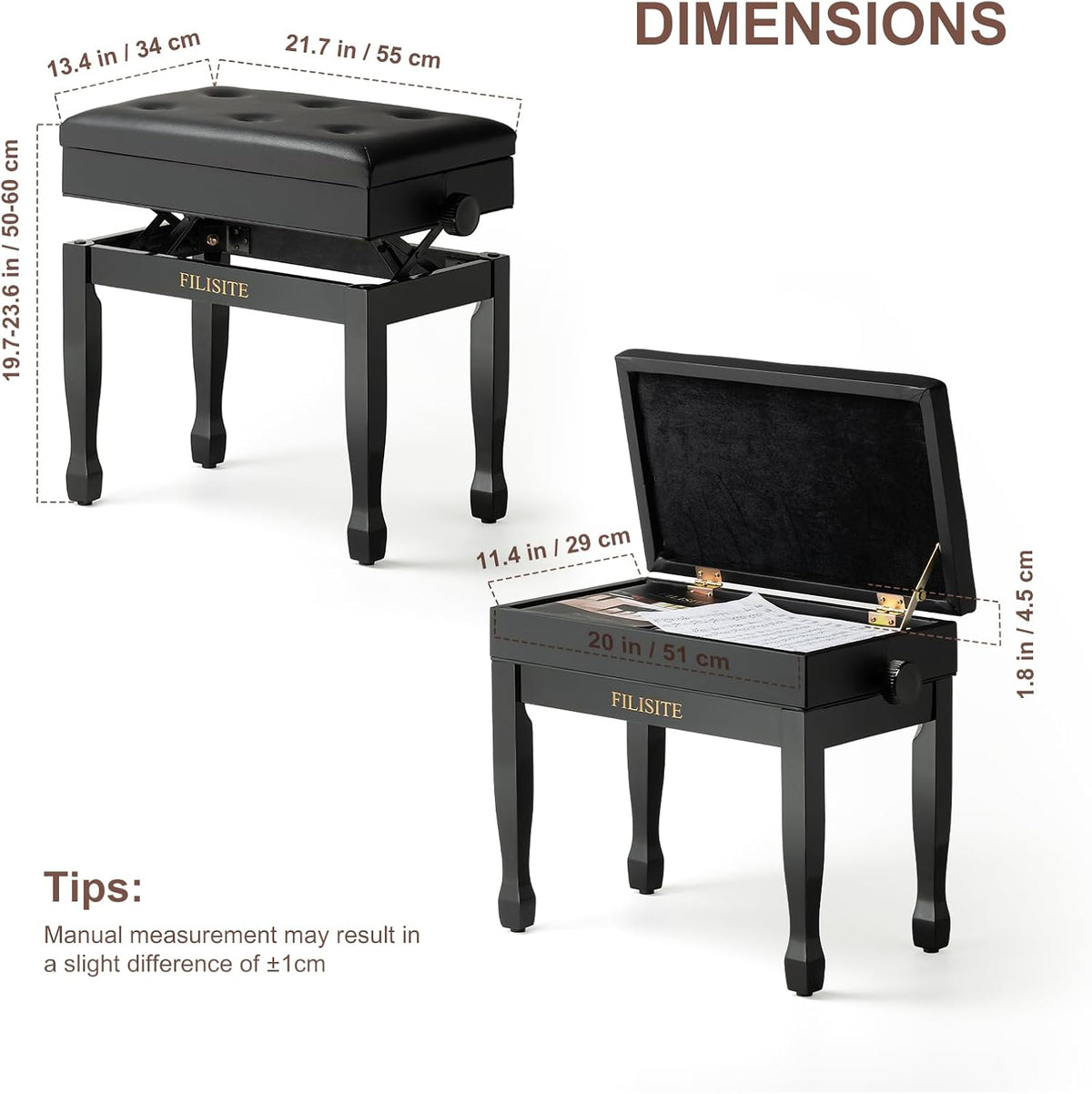 Adjustable Height Piano Bench Stool PU Leather Cushion Wooden Keyboard Seat with Music Storage (Black)