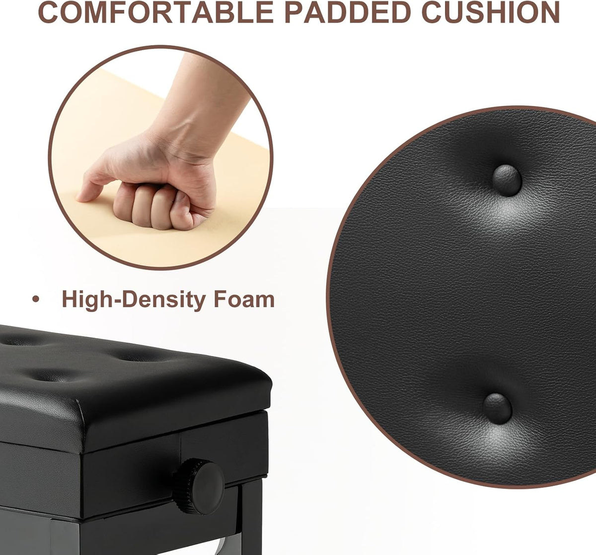 Adjustable Height Piano Bench Stool PU Leather Cushion Wooden Keyboard Seat with Music Storage (Black)