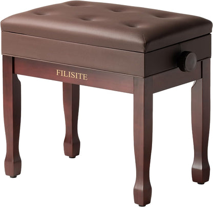 Adjustable Height Piano Bench Stool PU Leather Cushion Wooden Keyboard Seat with Music Storage (Black)