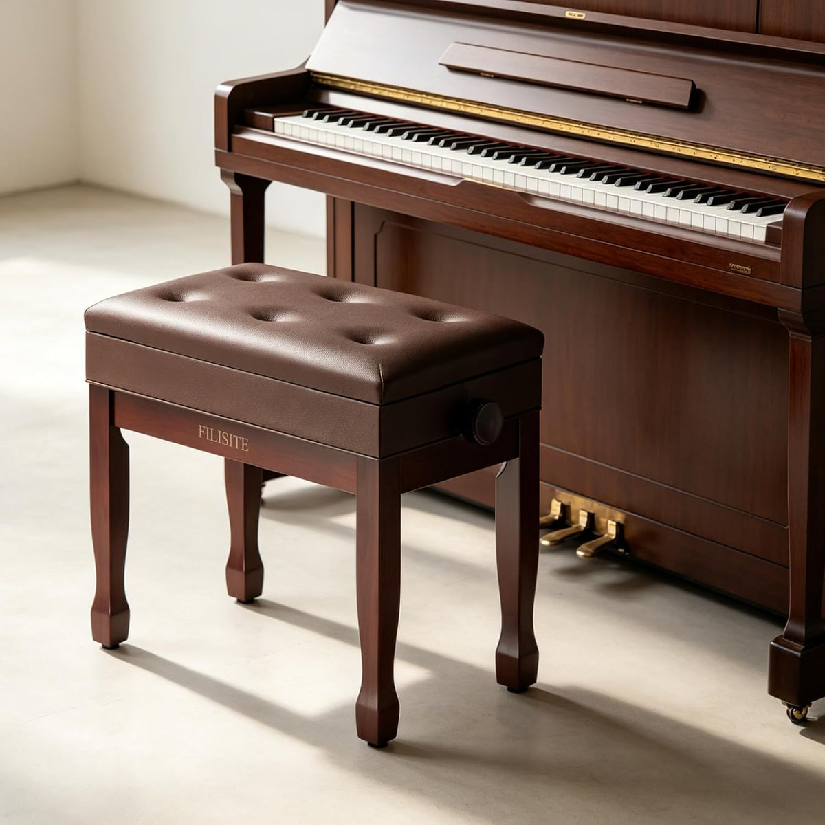 Adjustable Height Piano Bench Stool PU Leather Cushion Wooden Keyboard Seat with Music Storage (Black)