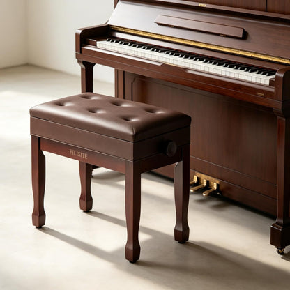 Adjustable Height Piano Bench Stool PU Leather Cushion Wooden Keyboard Seat with Music Storage (Black)