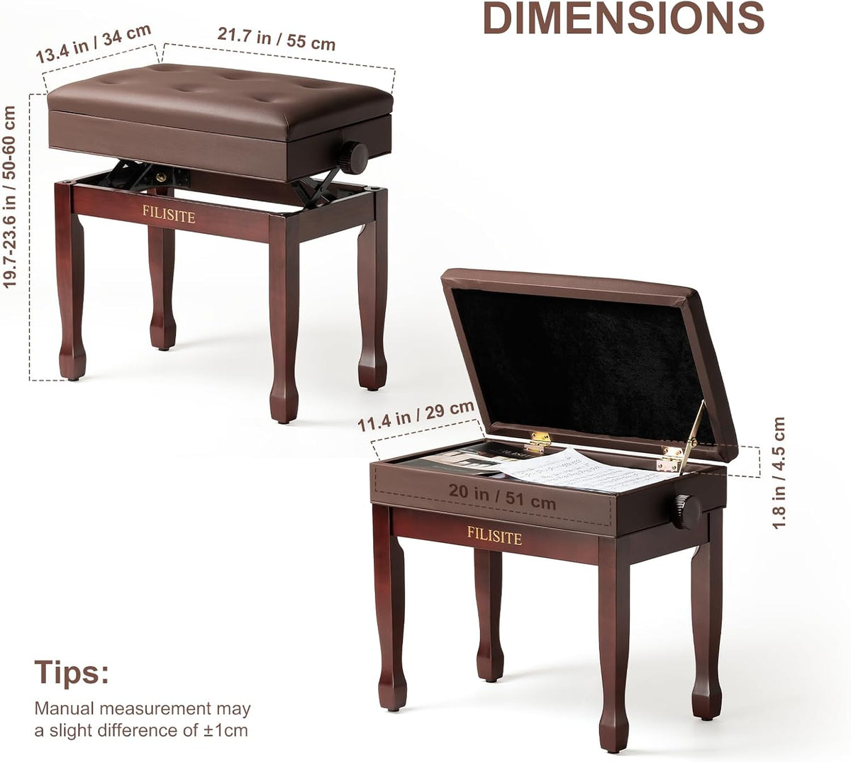 Adjustable Height Piano Bench Stool PU Leather Cushion Wooden Keyboard Seat with Music Storage (Black)