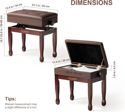 Adjustable Height Piano Bench Stool PU Leather Cushion Wooden Keyboard Seat with Music Storage (Black)
