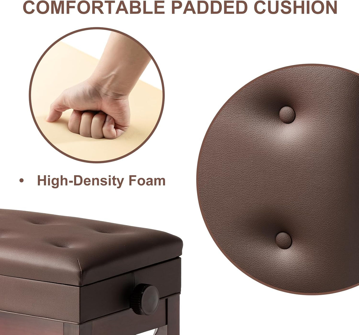 Adjustable Height Piano Bench Stool PU Leather Cushion Wooden Keyboard Seat with Music Storage (Black)