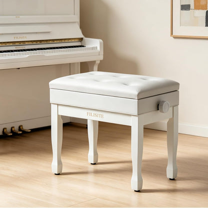 Adjustable Height Piano Bench Stool PU Leather Cushion Wooden Keyboard Seat with Music Storage (Black)