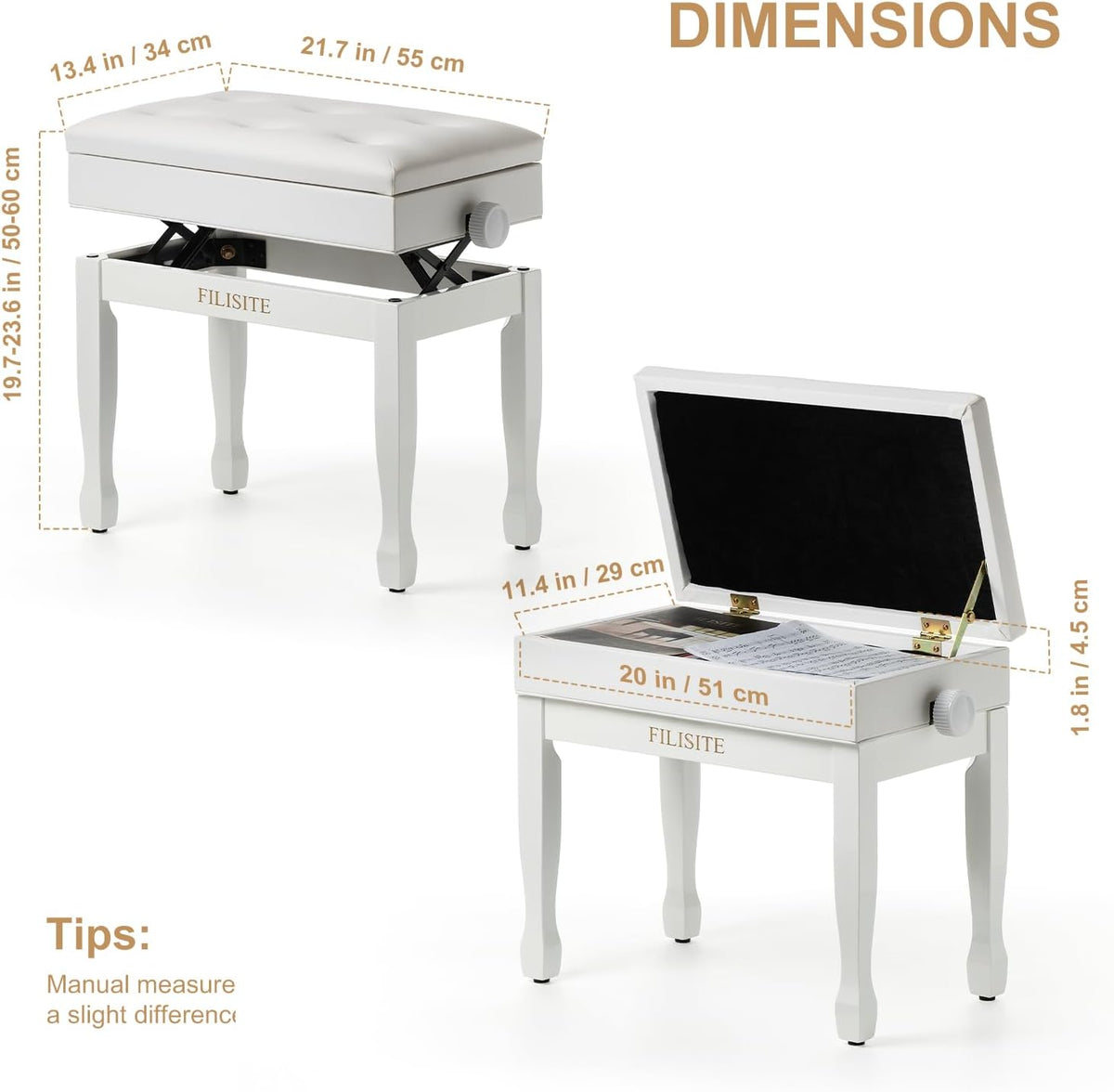 Adjustable Height Piano Bench Stool PU Leather Cushion Wooden Keyboard Seat with Music Storage (Black)
