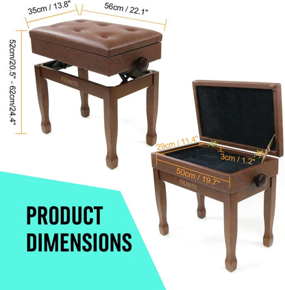 Adjustable Height Piano Bench Stool PU Leather Cushion Wooden Keyboard Seat with Music Storage (Black)