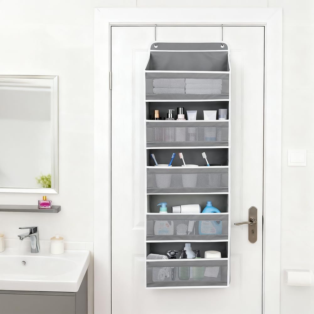 Over-the-Door Organizer, 5 Large Pockets and Mesh Pouches, Gray