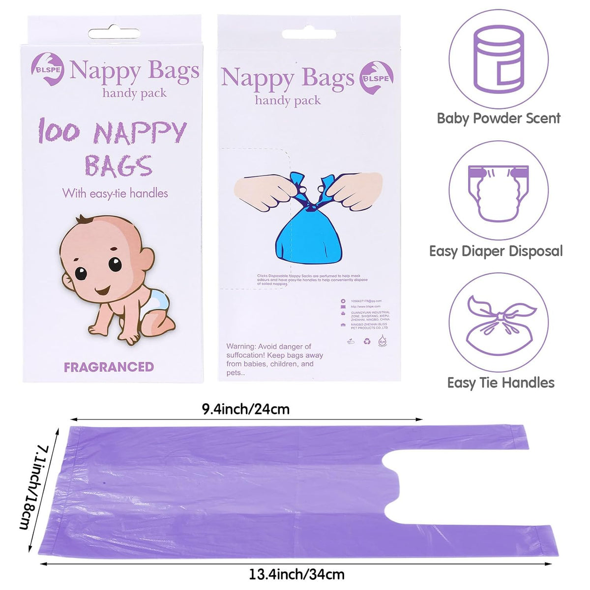 1200 Count Baby Disposable Diaper Bags Scented Diaper Sacks with Tie Handle Disposal Baby Poop Trash Bags Waste Sacks Refill (Purple)
