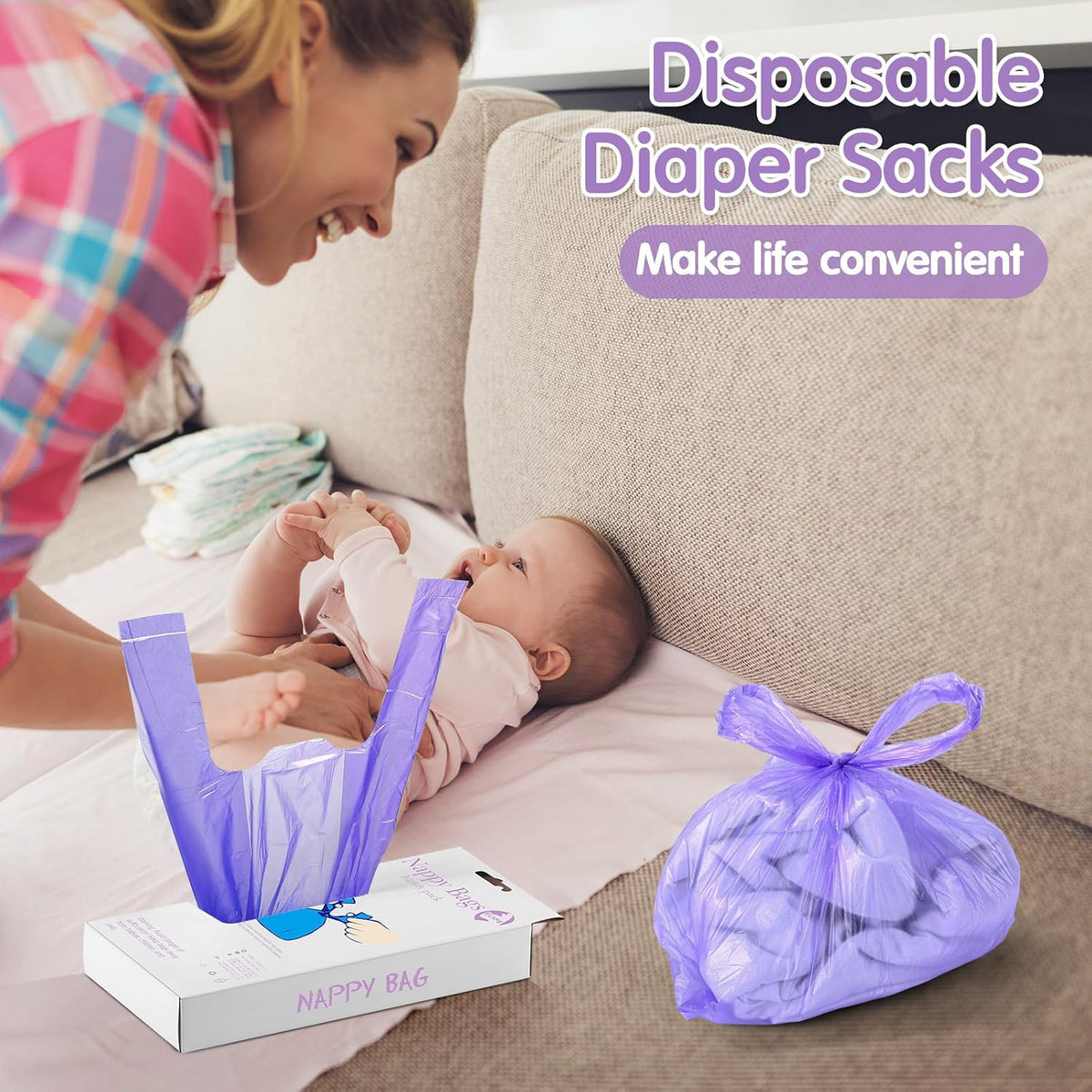 1200 Count Baby Disposable Diaper Bags Scented Diaper Sacks with Tie Handle Disposal Baby Poop Trash Bags Waste Sacks Refill (Purple)