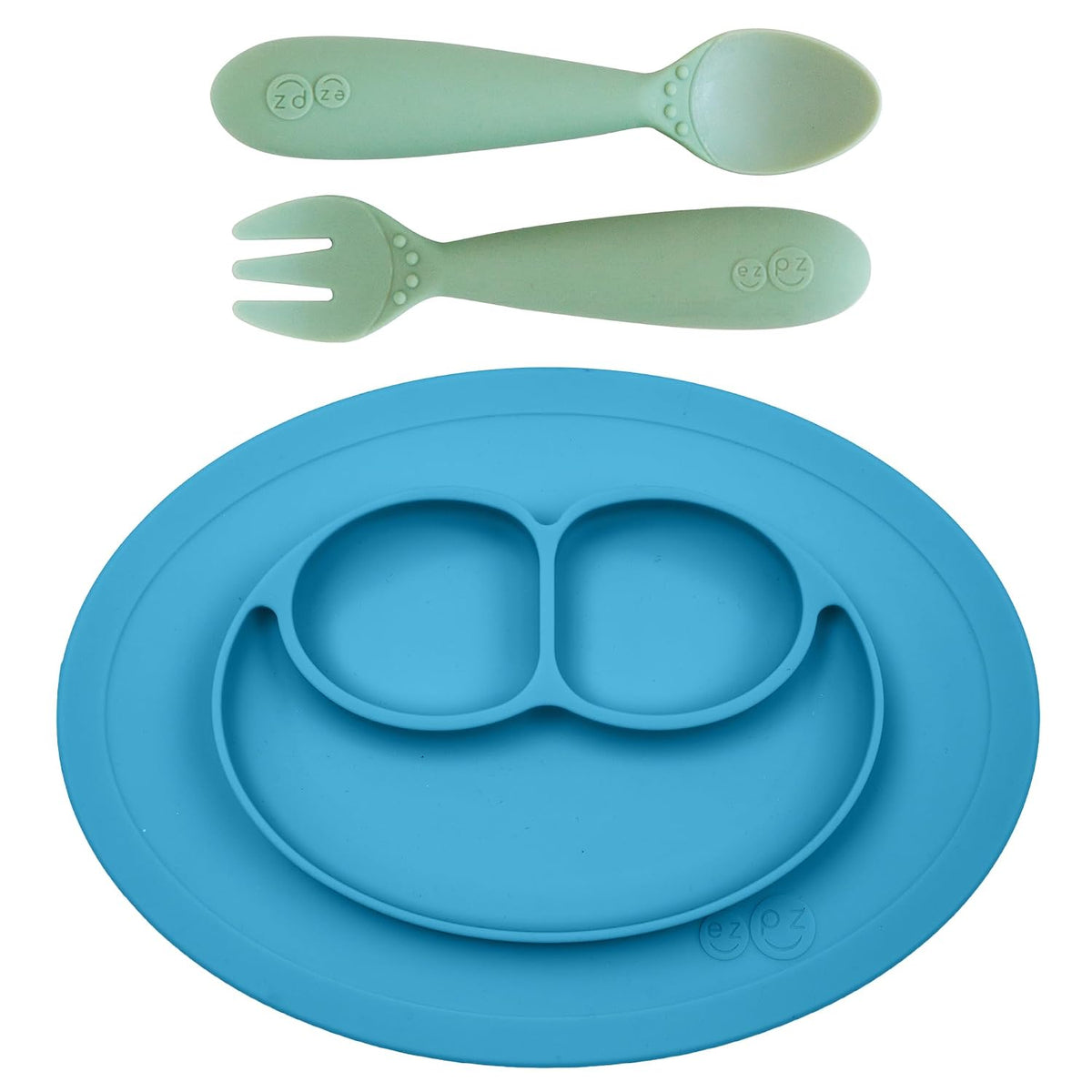 Mini Mat (Blue) + Mini Utensils (Fork & Spoon in Sage) - Toddler essentials mat and spoon