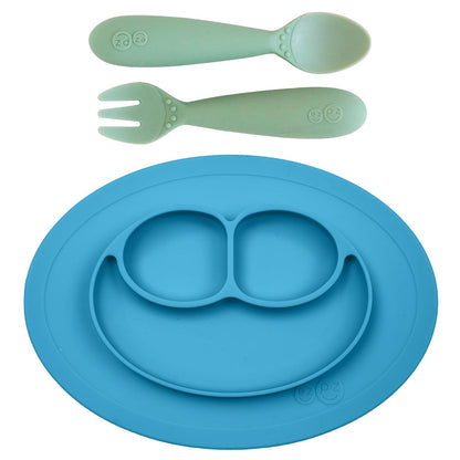Mini Mat (Blue) + Mini Utensils (Fork & Spoon in Sage) - Toddler essentials mat and spoon